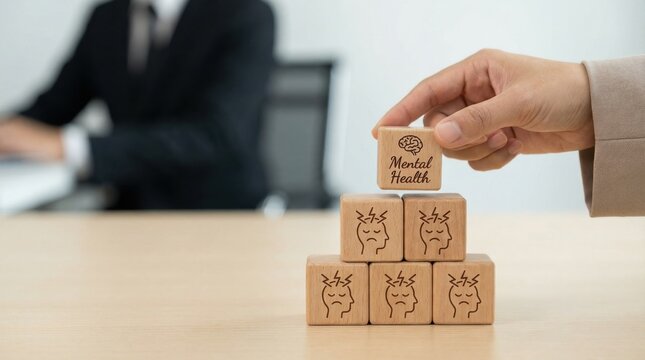 Businessperson Strategically Stacking Mental Health Awareness Wooden Blocks for Workplace Wellbeing Optimization and Stress Management in Professional Corporate Environment