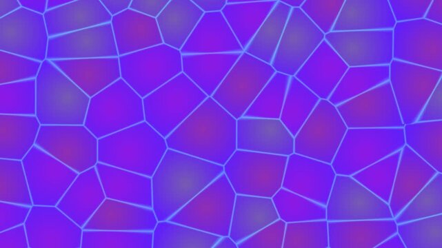 Abstract 4K Motion Graphic of Glowing Purple and Blue Neon Cellular Grid, Voronoi Pattern Animation with Shifting Geometric Shapes and Vibrant Gradient Light