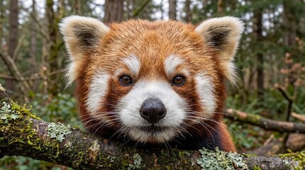 Fototapeta premium Red panda peeking from behind a mossy tree branch in a forest.