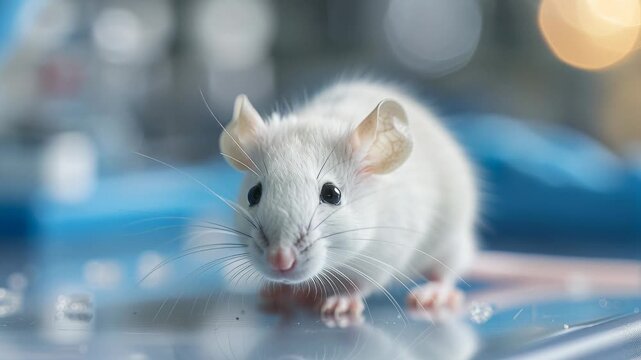 white mouse on glossy surface exploring lab bench, delicate whiskers twitching while nibbling and sniffing, soft fur backlit by warm bokeh lights, shallow depth