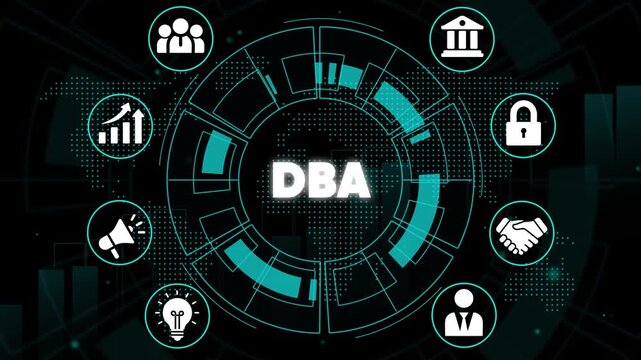D B A Doing Business As Concept with Representing Finance, Security, and Communication on a Black Background with Teal Accents