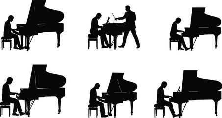 Collection of classical pianist silhouettes in various poses, including playing the piano and with a conductor, for music, orchestra, and band themes © Polash Contributor