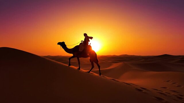 Man Riding Camel Through Desert Sunset.