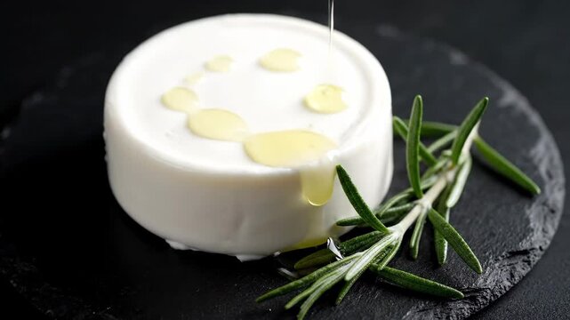 Sequence showing olive oil being poured onto a fresh goat cheese wheel with rosemary. A gourmet appetizer served on a black slate stone for a delicious culinary experience