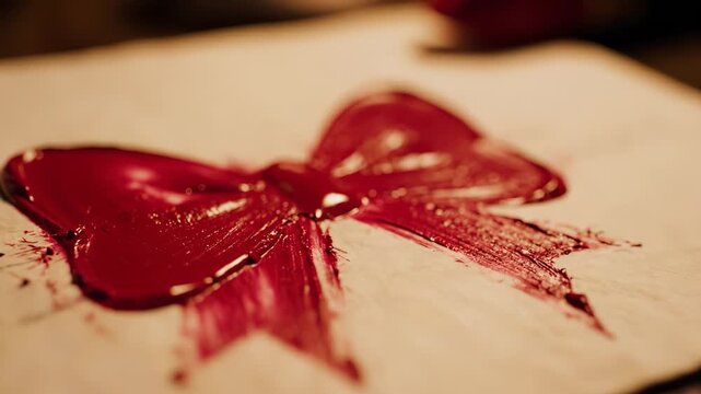 A vibrant red bow is painted on textured paper. The bold red color of the bow contrasts with the paper's surface, highlighting the artistic details of the bow.