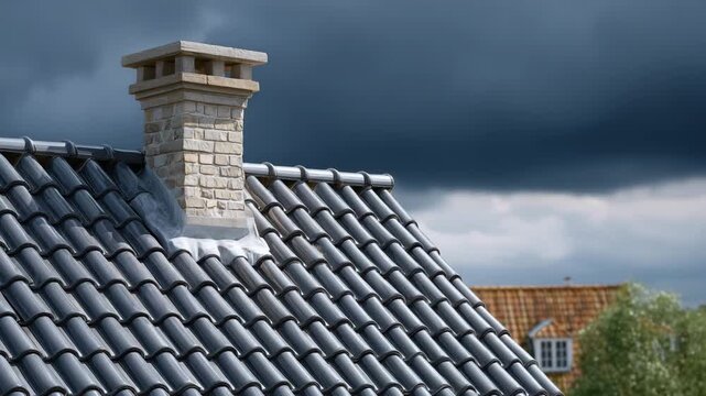 26View of a modern, gray tiled roof with chimney and a glimpse of the house, moody cloudy sky above, subtle reflections on tiles suggesting recent rain, minimalist design language, a