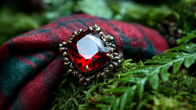 Vintage Brooch with Large Red Gemstone Set Against Textured Fabric and Natural Foliage Background