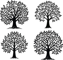 Four stylized black and white tree illustrations arranged in a square grid pattern.