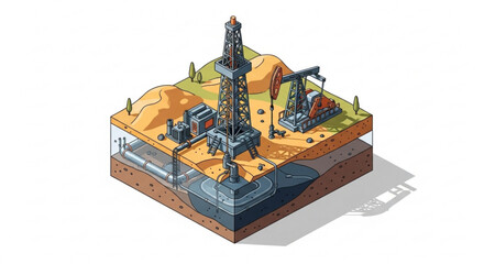 Naklejka premium Isometric oil drilling rig on sandy terrain with industrial equipment and machinery