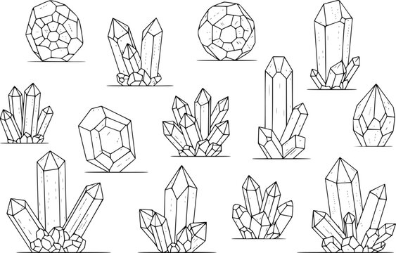 Hand Drawn Crystal Clusters and Geometric Gemstone White Background mineral rock