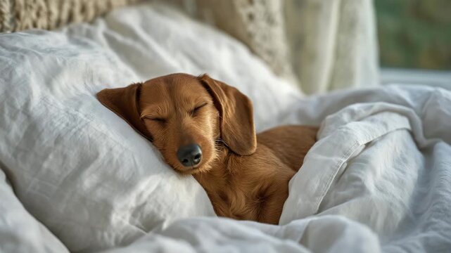 34Young owner with brown dachshund sleeping together on a comfortable bed at home, soft morning light filtering through sheer curtains, white linen bedding slightly wrinkled, dog cur