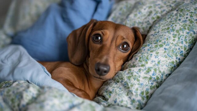 35Young owner with brown dachshund sleeping together on a comfortable bed at home, overhead view composition, natural shadows on soft pillows, dog resting its head on the owner&rsquo;s arm