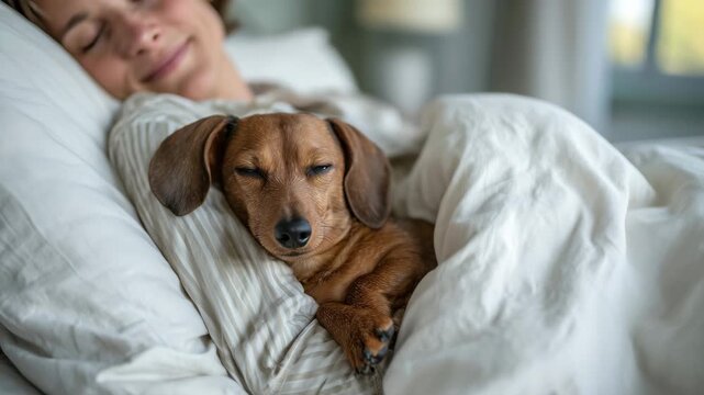 36Young owner with brown dachshund sleeping together on a comfortable bed at home, soft morning light filtering through sheer curtains, white linen bedding slightly wrinkled, dog cur