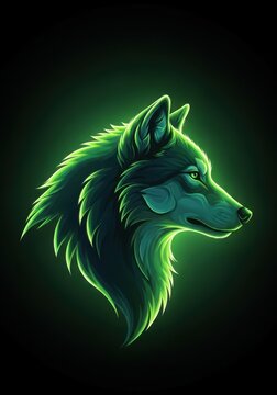 Abstract digital illustration of a stylized wolf profile glowing intensely with deep emerald and lime green hues, representing untamed wilderness, wolf, graphic, muzzle