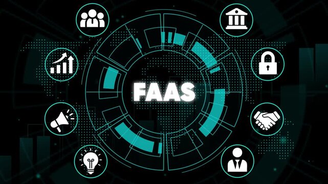 F A S Function as a Service Cloud Computing Concept with Various Business and Technology on a Black Background with Teal Accents