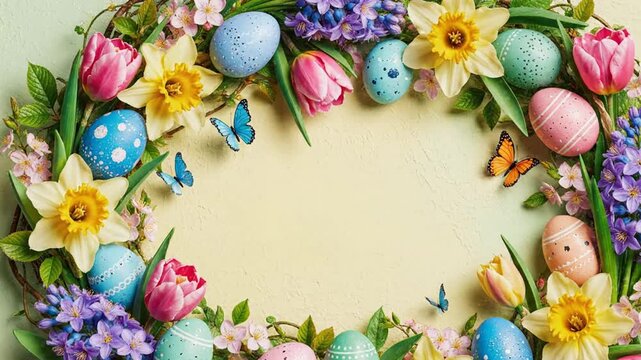 Easter floral wreath with colorful eggs and spring flowers, festive holiday background with tulips and daffodils, pastel seasonal frame for greeting cards