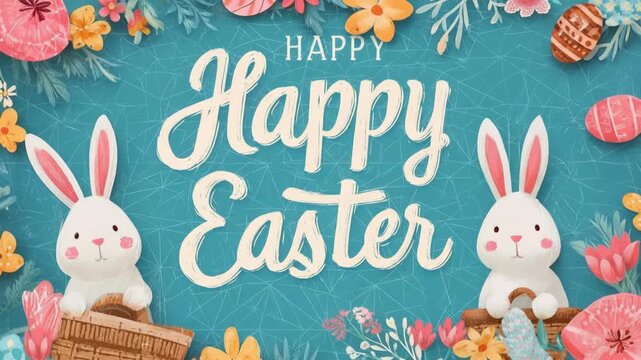Easter celebration with cute rabbits, decorated eggs, and floral frame