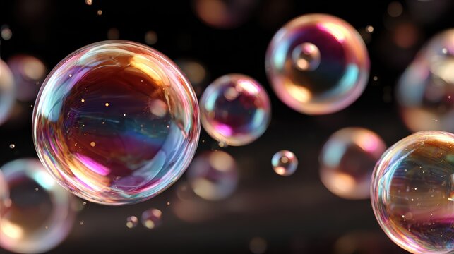 Colorful Soap Bubbles Floating on Black Background Graphic