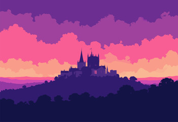 Obraz premium Lincoln Cathedral sitting high hill, dominating flat landscape dramatic longdistance silhouette against violet sky
