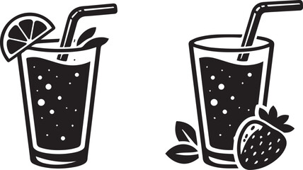 Refreshing Summer Drinks Icons with Lemon and Strawberry