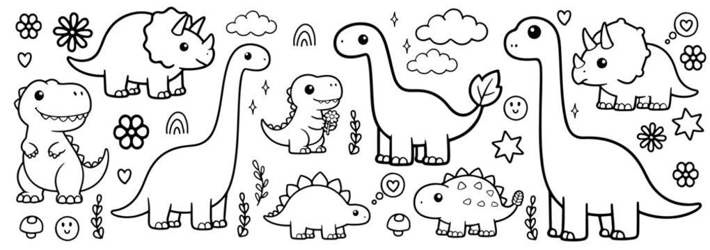 Set of cute dinosaurs. Vector illustration. Perfect for print, coloring book, greeting card