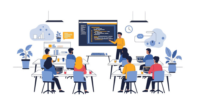 Programming Class and Coding Workshop. Software Developer Instructor Teaching Students Code on Laptops in a Modern Training Room.