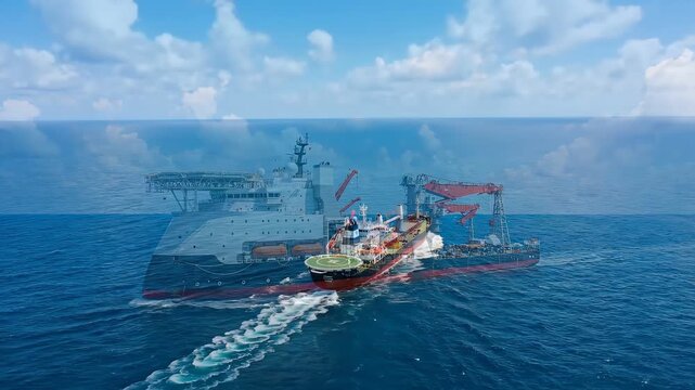 Industrial Offshore Support Vessel and Tanker Navigating the Open Sea