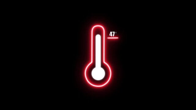 A vibrant red neon outline of a thermometer a temperature reading of 47 degrees, set against a deep black background with a luminous glow