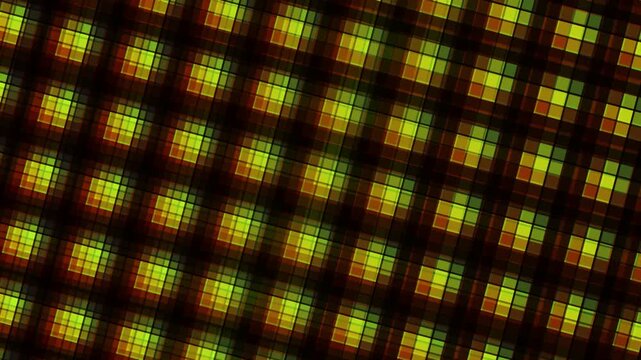 Abstract Geometric Moire Pattern Motion Graphic with Rotating Green and Yellow Tartan Grid Overlays