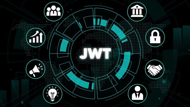 J S O N Web Token J W T concept with representing security authentication and data exchange on a futuristic background with charts and graphs
