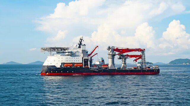 Large offshore subsea construction vessel with heavy lift cranes at sea
