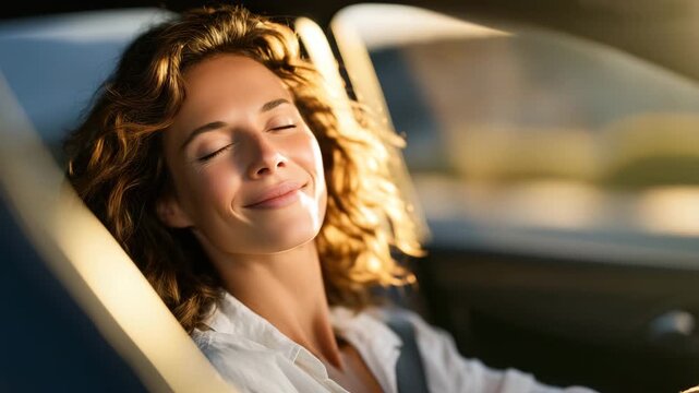 188Calm driver practicing mindfulness breathing techniques inside parked car before long road trip, promoting mental clarity, focus, and emotional balance for safe and stress free dri