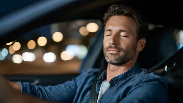 187Calm driver practicing mindfulness breathing techniques inside parked car before long road trip, promoting mental clarity, focus, and emotional balance for safe and stress free dri