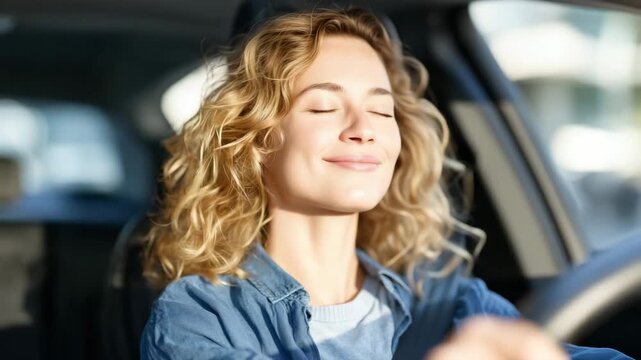 190Calm driver practicing mindfulness breathing techniques inside parked car before long road trip, promoting mental clarity, focus, and emotional balance for safe and stress free dri