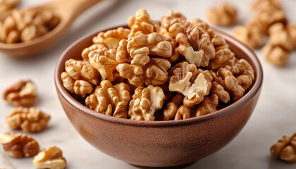 Fototapeta premium Bowl with tasty walnuts on color table