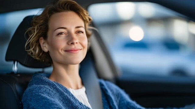 199Calm driver practicing mindfulness breathing techniques inside parked car before long road trip, promoting mental clarity, focus, and emotional balance for safe and stress free dri