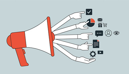 Obraz premium Business communication vector illustration, megaphone with hands pointing to social media icons. Includes advertising, marketing, and media symbols. Created in modern style with red and gray