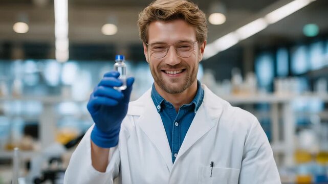 214Scientist presenting alternative protein powder sample in laboratory workspace with analytic tools in the background, sustainable nutrition development, perfect for future food and