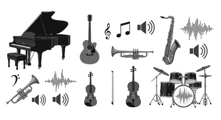 Collection of musical instruments and sound waves. © Mungin
