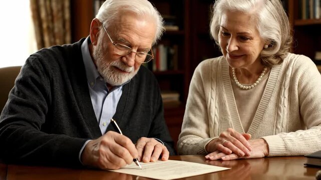 Senior caucasian couple signing important legal documents at a table. Elderly husband puts his signature on a contract or will as his wife watches with support