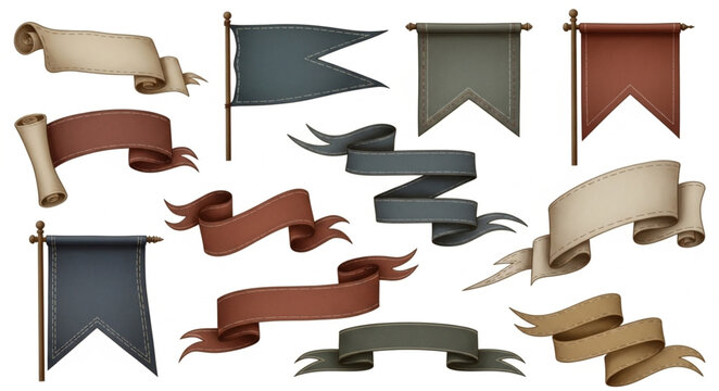 Collection of vintage banners and flags on white background.