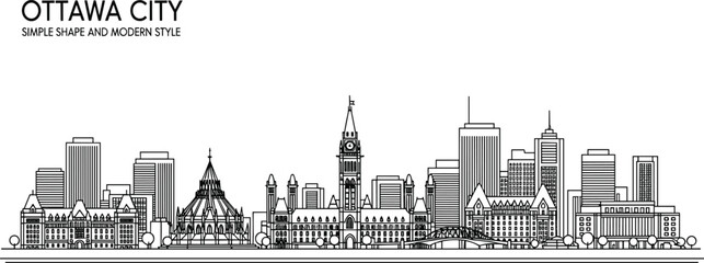 Black and white of Ottawa city skyline with buildings and landmarks © MstTahomina
