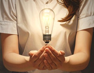 Close-up of a person holding a glowing lightbulb between their hands, suggesting an idea or concept. A modern, creative visual