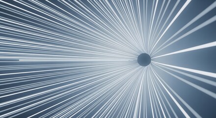 Obraz premium Dynamic digital illustration featuring glowing white lines emanating from a central dark sphere against a cool blue and gray gradient, creating a futuristic abstract background.