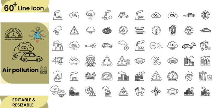 Ecological air quality icons set illustrating carbon footprint and environmental contamination through industrial emission line art