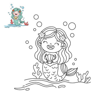 Happy Mermaid with Seashell Coloring Page