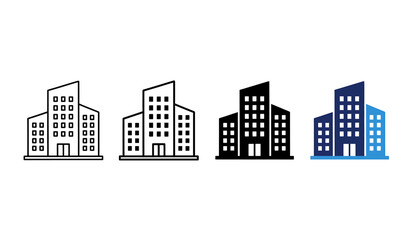 Obraz premium Modern city building icon set. Includes four different colored office buildings. Created in flat vector style with monochromatic color palette.