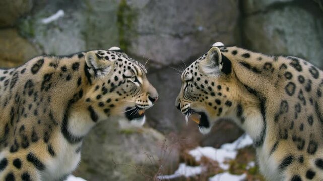 Endangered snow leopards communicating in a snowy habitat cinematic wildlife footage featuring two panthera uncia face to face