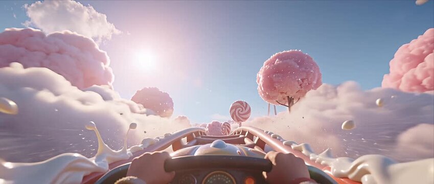 Candy land fantasy roller coaster amusement park lollipop dessert sweet pink dream adventure surreal pink cloud sky fluffy dessert clouds whimsical scene creamy fluffy soft magical wonderland