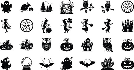 Halloween silhouette icon set, witch ghost owl pumpkin castle bat magic symbols vector illustration collection isolated on light background © Ideasy Mind